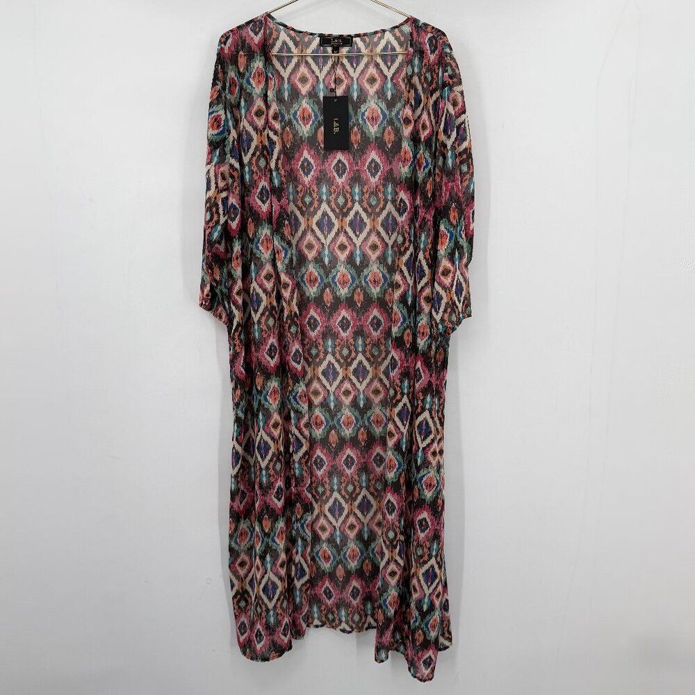 L&B Lucky & Blessed Boho Plus Ikat Kimono Duster Sheer Cover Up Spring NWT 3X